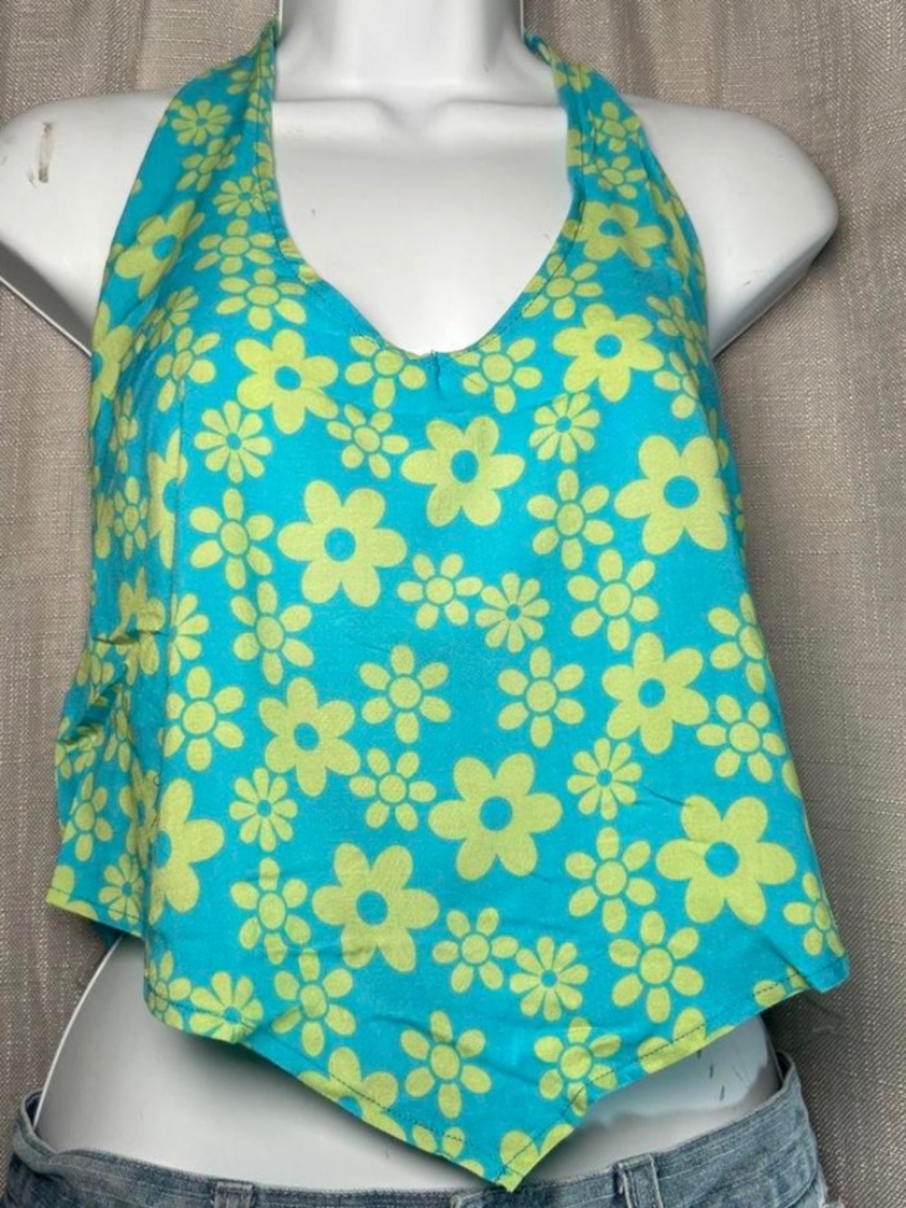 Self Esteem Halter Top Womens Large Blue Green‎ Floral Retro Y2K Smocked Baddie